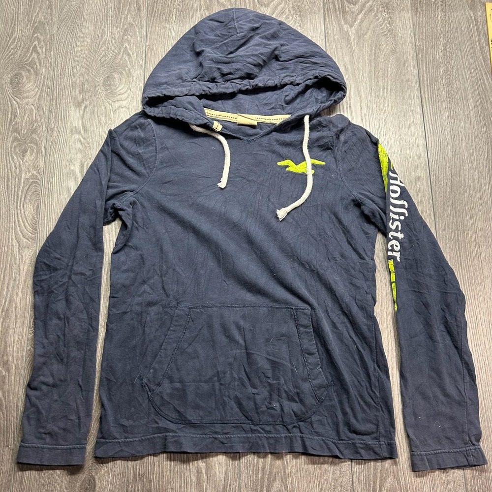 Hollister Mens Navy Blue Long Sleeve Medium Hooded T-Shirt Lime Green Logo Y2K